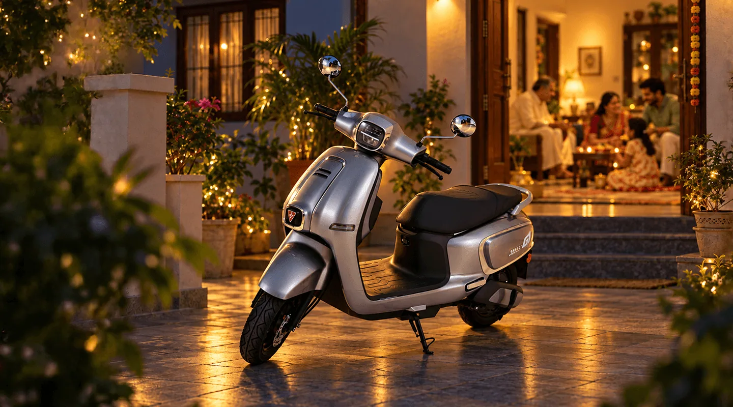 G1 scooter outside a home lit up for the festive season