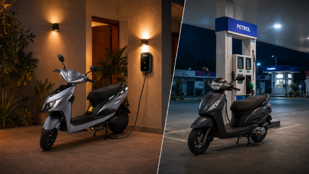 Electric scooter charging at home vs petrol scooter at fuel pump comparison India